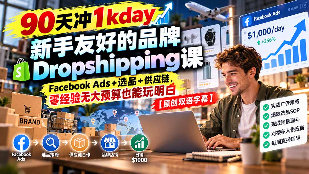 90天冲1kday 新手友好的品牌Dropshipping课：Facebook Ads+选品+供应链，零经验无大预算也能玩明白【原创双语字幕】采购|汽车产业|汽车配件|机加工企业家交流社群中心