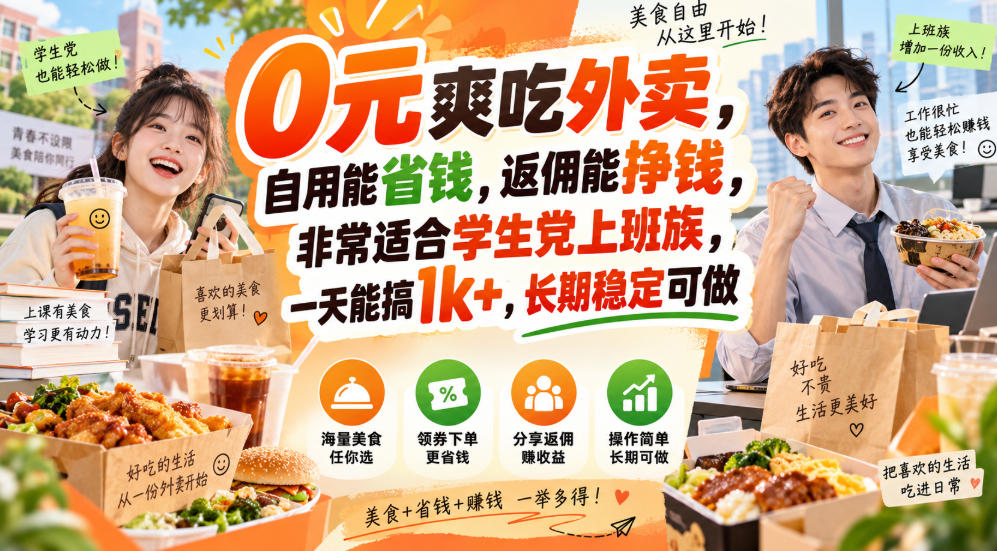 0元爽吃外卖,自用能省钱,返佣能挣钱,非常适合学生党上班族,一天能搞1k+,长期稳定可做采购|汽车产业|汽车配件|机加工企业家交流社群中心