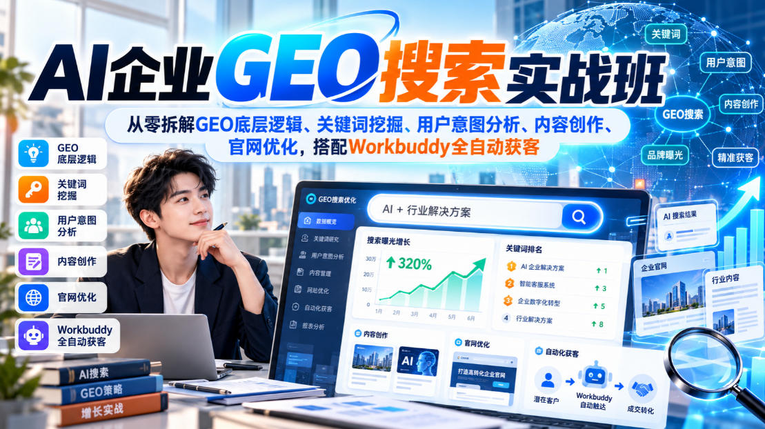 AI企业GEO搜索实战班，从零拆解GEO底层逻辑、关键词挖掘、用户意图分析、内容创作、官网优化，搭配Workbuddy全自动获客采购|汽车产业|汽车配件|机加工企业家交流社群中心