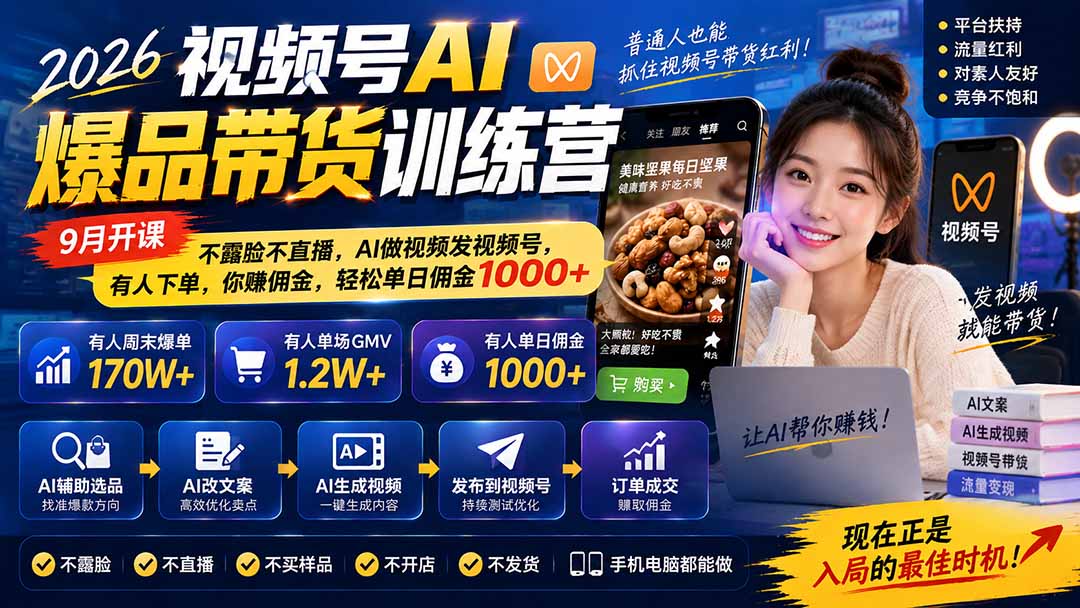 2026视频号AI爆品带货训练营-9月开课|不露脸不直播,AI做视频发视频号,有人下单,你赚佣金,轻松单日佣金1000+采购|汽车产业|汽车配件|机加工企业家交流社群中心