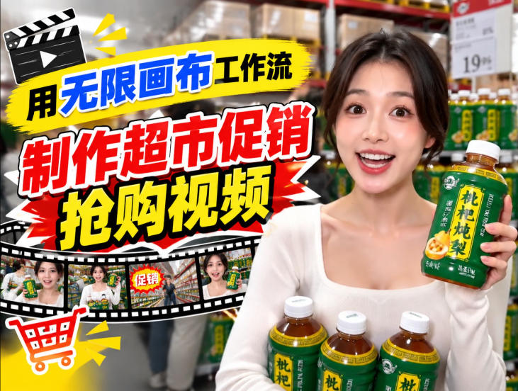 无限画布超市促销抢购视频工作流，一键产出TikTok抖音带货短视频采购|汽车产业|汽车配件|机加工企业家交流社群中心