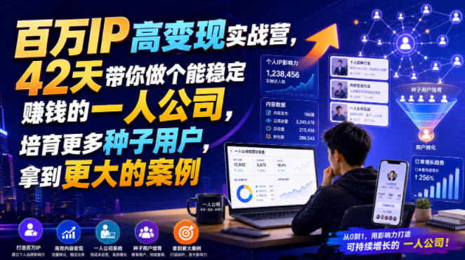 百万IP高变现实战营，42天带你做个能稳定賺钱的一人公司，培育更多种子用户，拿到更大的案例采购|汽车产业|汽车配件|机加工企业家交流社群中心
