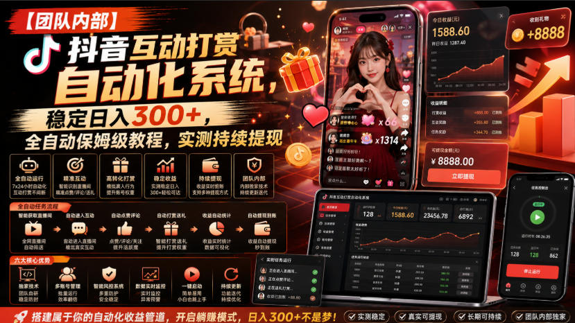 【团队内部】抖音互动打赏自动化系统，稳定日入300+，全自动保姆级教程，实测持续提现【揭秘】采购|汽车产业|汽车配件|机加工企业家交流社群中心