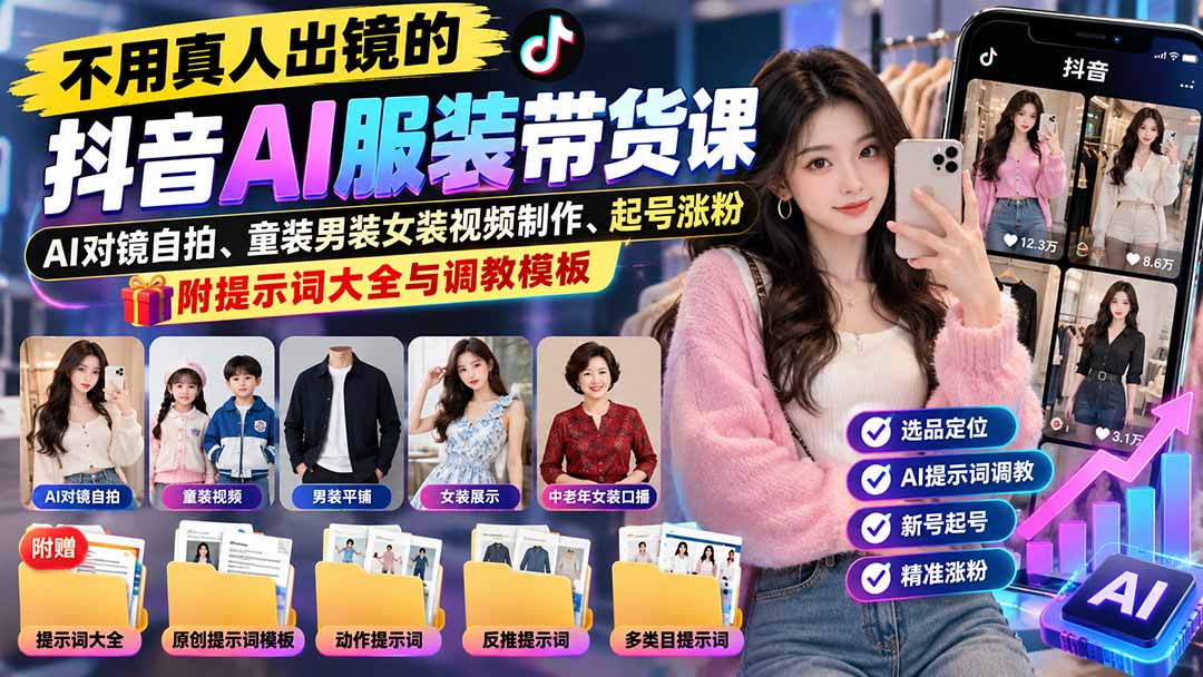 不用真人出镜的抖音AI服装带货课：AI对镜自拍、童装男装女装视频制作、起号涨粉，附提示词大全与调教模板采购|汽车产业|汽车配件|机加工企业家交流社群中心