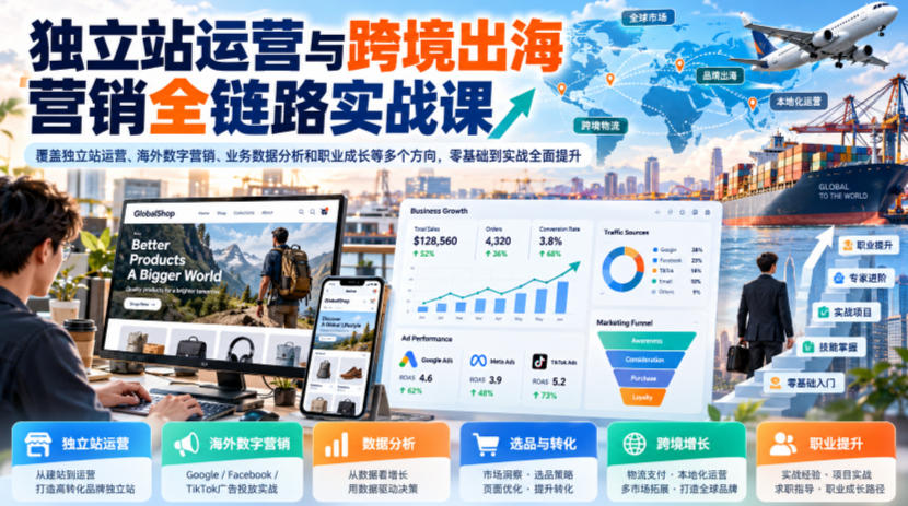 独立站运营与跨境出海营销全链路实战课，覆盖独立站运营、海外数字营销、业务数据分析和职业成长等多个方向，零基础到实战全面提升采购|汽车产业|汽车配件|机加工企业家交流社群中心