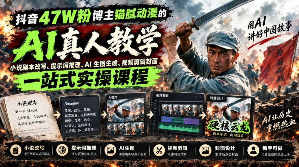 抖音47W粉博主猫腻动漫的AI真人漫剧教学,小说剧本改写、提示词推理、AI生图生成、视频剪辑封面一站式实操课程采购|汽车产业|汽车配件|机加工企业家交流社群中心