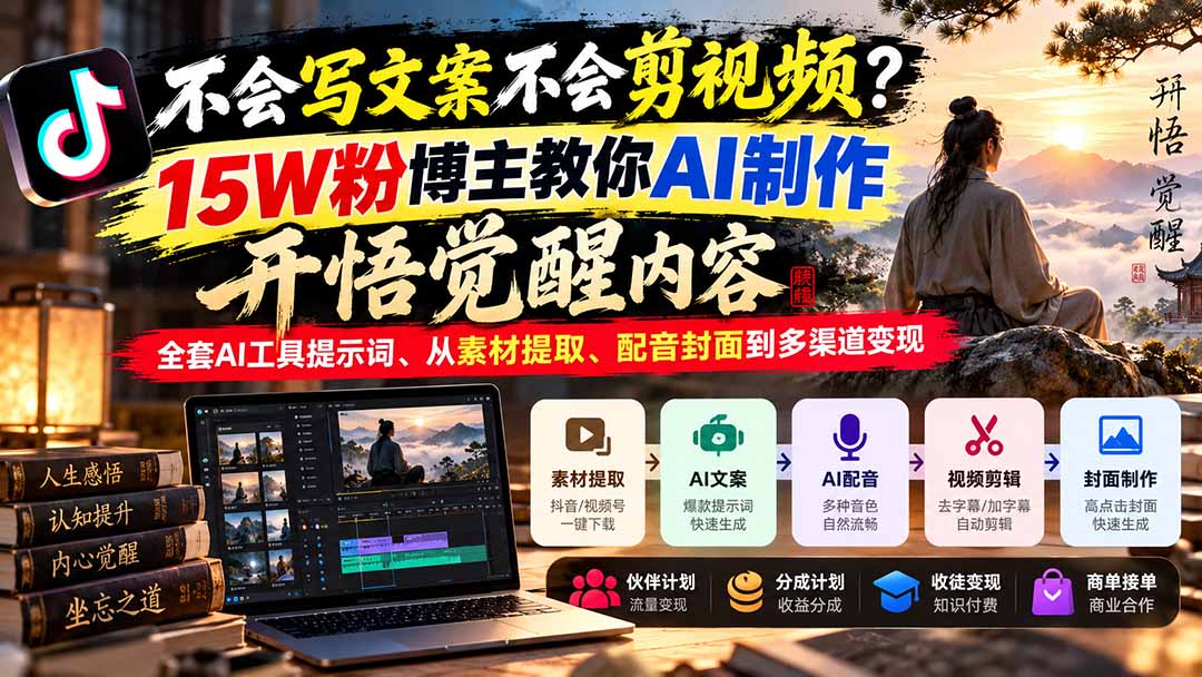 不会写文案不会剪视频?15W粉博主教你AI制作开悟觉醒内容,全套AI工具提示词、从素材提取、配音封面到多渠道变现采购|汽车产业|汽车配件|机加工企业家交流社群中心