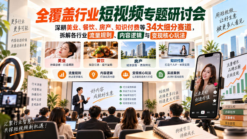 短视频专题研讨会,深耕美业、餐饮、房产、知识付费等34大细分赛道,拆解各行业流量规则、内容逻辑与变现核心玩法采购|汽车产业|汽车配件|机加工企业家交流社群中心