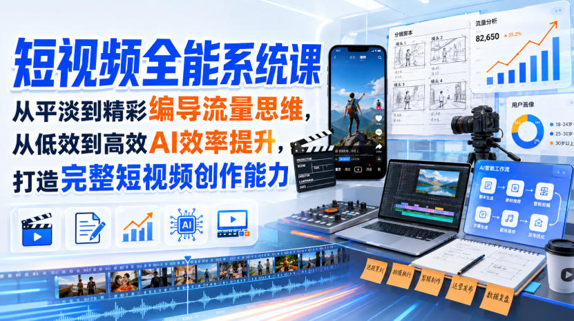 短视频全能系统课,从平淡到精彩编导流量思维,从低效到高效AI效率提升,打造完整短视频创作能力(2026年8月30更新233集)采购|汽车产业|汽车配件|机加工企业家交流社群中心