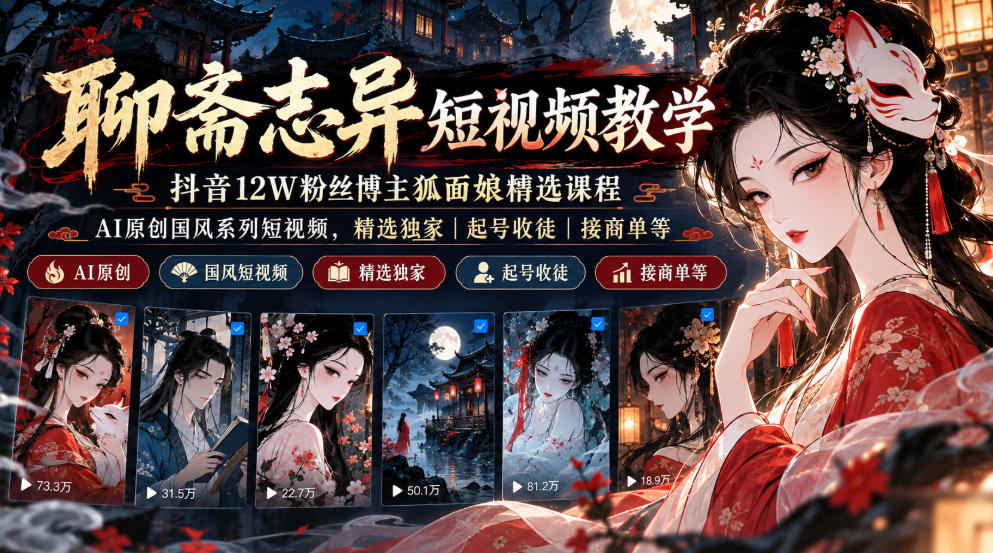 聊斋志异短视频教学，抖音12W粉丝博主狐面娘精选课程，AI原创国风系列短视频，精选独家丨起号收徒丨接商单等采购|汽车产业|汽车配件|机加工企业家交流社群中心