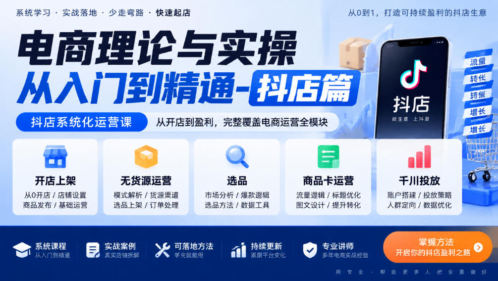 电商理论与实操从入门到精通-抖店篇，抖店系统化运营课，开店上架、无货源、选品、商品卡、千川投放全教学采购|汽车产业|汽车配件|机加工企业家交流社群中心