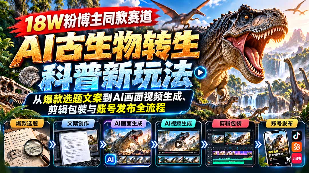 18W粉博主同款赛道-AI古生物转生科普新玩法:从爆款选题文案到AI画面视频生成、剪辑包装与账号发布全流程采购|汽车产业|汽车配件|机加工企业家交流社群中心