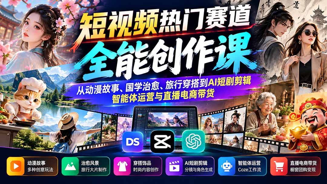 短视频热门赛道全能创作课：从动漫故事、国学治愈、旅行穿搭到AI短剧剪辑、智能体运营与直播电商带货采购|汽车产业|汽车配件|机加工企业家交流社群中心