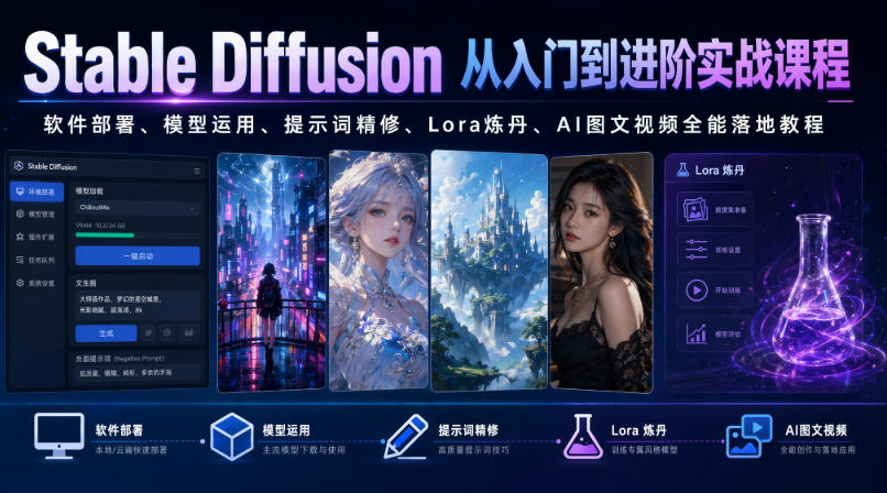 Stable Diffusion从入门到进阶实战课程｜软件部署、模型运用、提示词精修、Lora炼丹、AI图文视频全能落地教程采购|汽车产业|汽车配件|机加工企业家交流社群中心