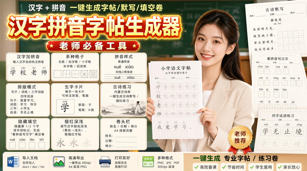学习神器,汉字拼音字帖生成器,汉字+拼音 一键生成字帖/默写/填空卷,支持词组、成语,老师、家长必备采购|汽车产业|汽车配件|机加工企业家交流社群中心