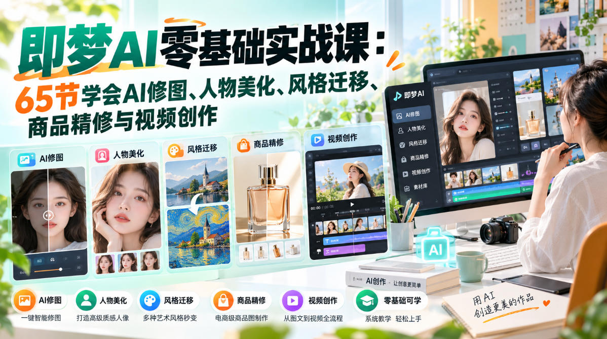 即梦AI零基础实战课：65节学会AI修图、人物美化、风格迁移、商品精修与视频创作采购|汽车产业|汽车配件|机加工企业家交流社群中心