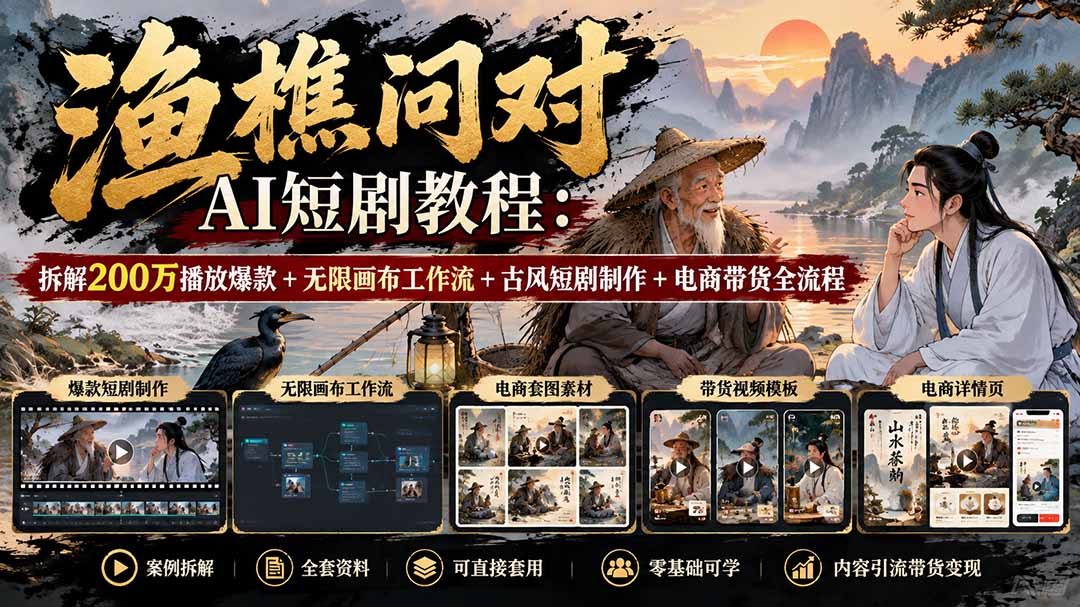 【无水印】渔樵问对AI短剧教程：拆解200万播放爆款+无限画布工作流+古风短剧制作+电商带货全流程采购|汽车产业|汽车配件|机加工企业家交流社群中心