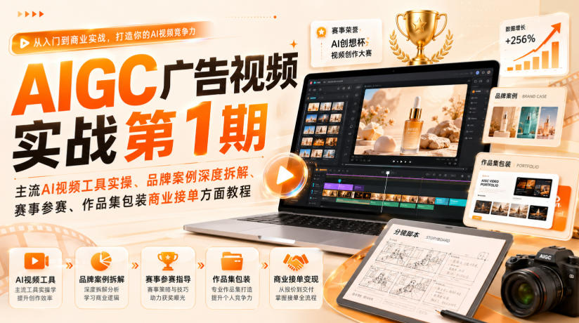 AIGC广告视频实战第1期，主流AI视频工具实操、品牌案例深度拆解、赛事参赛、作品集包装商业接单方面教程采购|汽车产业|汽车配件|机加工企业家交流社群中心