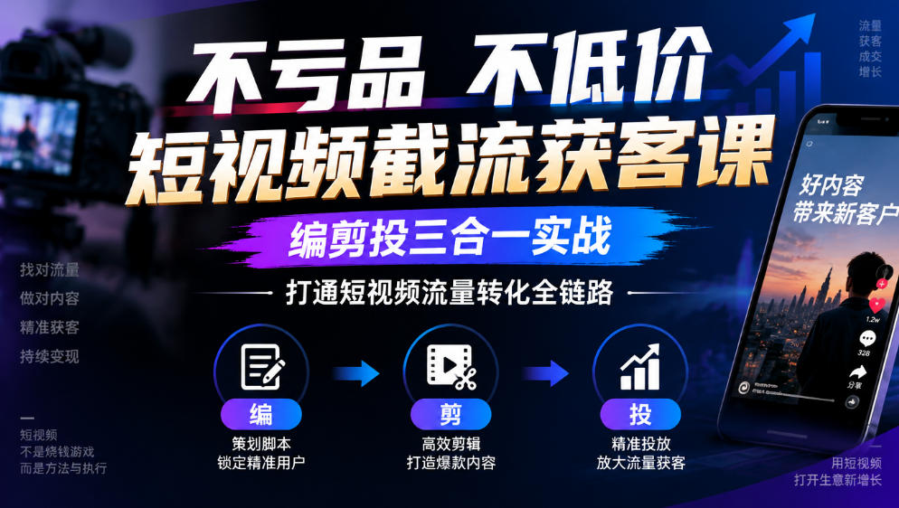 不亏品不低价短视频截流获客课，编剪投三合一实战，打通短视频流量转化全链路采购|汽车产业|汽车配件|机加工企业家交流社群中心