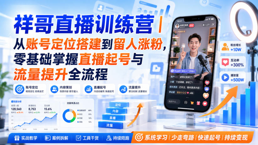 祥哥直播训练营｜从账号定位搭建到留人涨粉，零基础掌握直播起号与流量提升全流程采购|汽车产业|汽车配件|机加工企业家交流社群中心