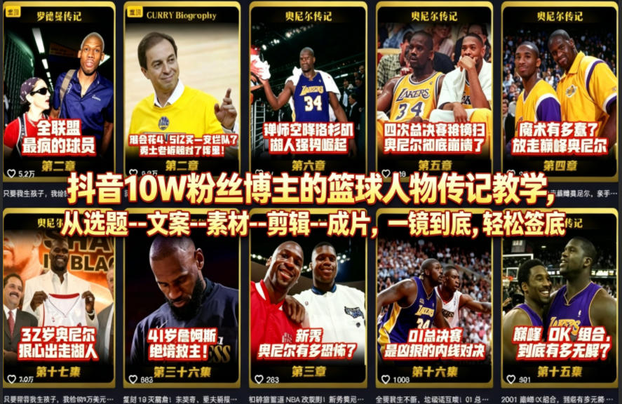 抖音10W粉丝博主的篮球人物传记教学，从选题--文案--素材--剪辑--成片，一镜到底，轻松签约精选独家采购|汽车产业|汽车配件|机加工企业家交流社群中心