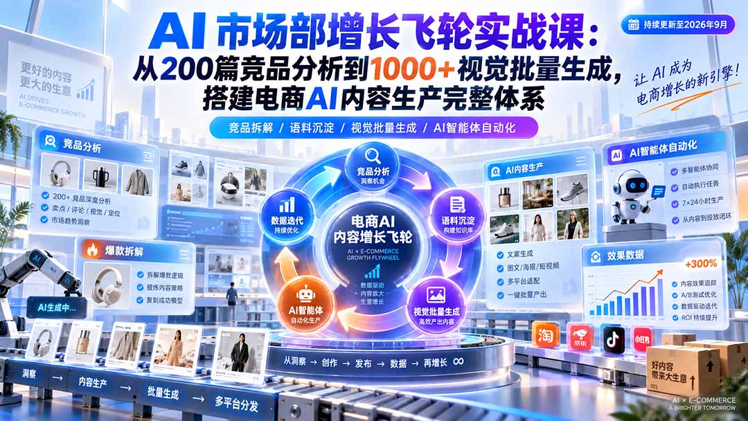AI 市场部增长飞轮实战课:从200篇竞品分析到1000+视觉批量生成,搭建电商AI内容生产完整体系采购|汽车产业|汽车配件|机加工企业家交流社群中心