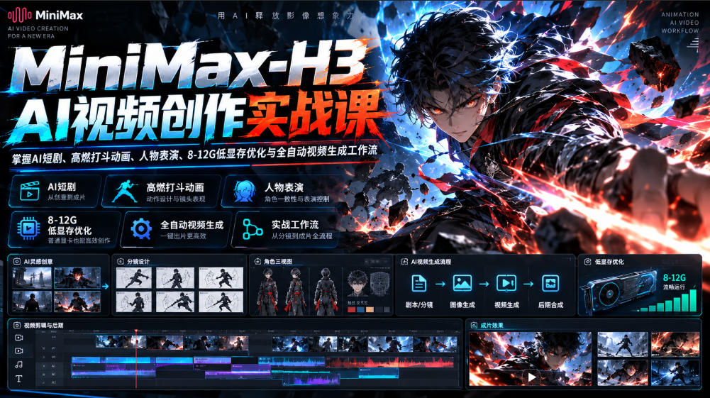 MiniMax-H3 AI视频创作实战课，掌握AI短剧、高燃打斗动画、人物表演、8-12G低显存优化与全自动视频生成工作流采购|汽车产业|汽车配件|机加工企业家交流社群中心