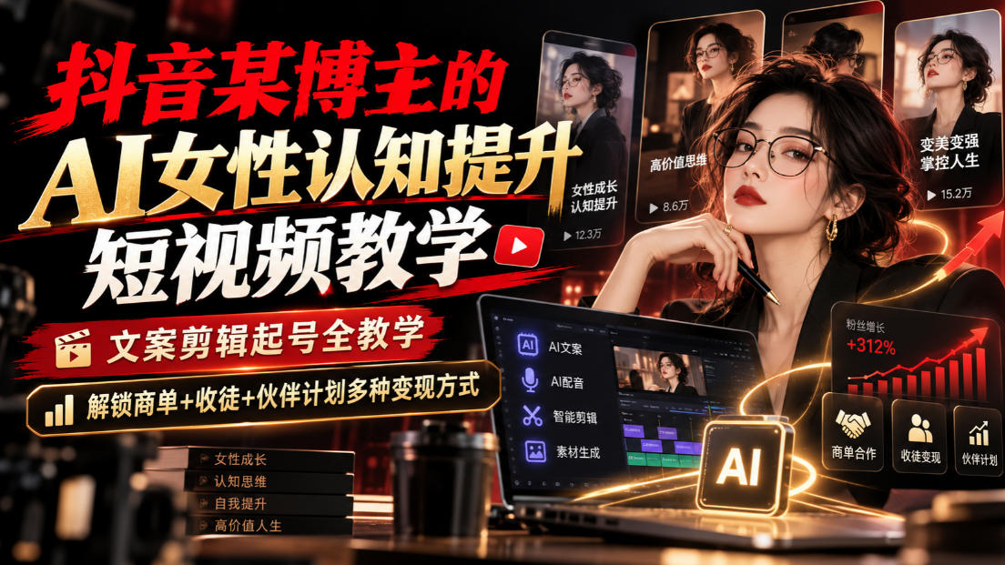 抖音某博主的Ai女性认知提升短视频教学,文案剪辑起号全教学,解锁商单+收徒+伙伴计划多种变现方式采购|汽车产业|汽车配件|机加工企业家交流社群中心