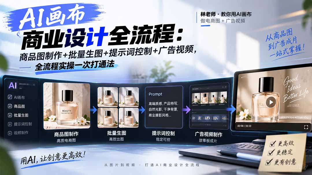 AI画布商业设计全流程：商品图制作+批量生图+提示词控制+广告视频，全流程实操一次打通法采购|汽车产业|汽车配件|机加工企业家交流社群中心