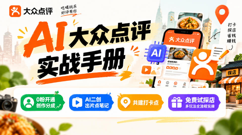 某局的AI大众点评实战手册,0粉开通创作分成、AI二创出片点笔记、共建打卡点、免费试探店多玩法全流程实操采购|汽车产业|汽车配件|机加工企业家交流社群中心
