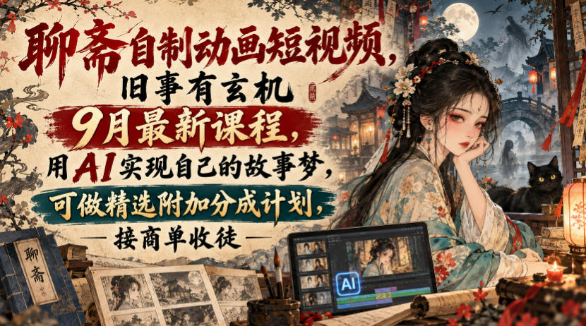聊斋自制动画短视频,旧事有玄机9月最新课程,用AI实现自己的故事梦,可做精选附加分成计划,接商单收徒采购|汽车产业|汽车配件|机加工企业家交流社群中心