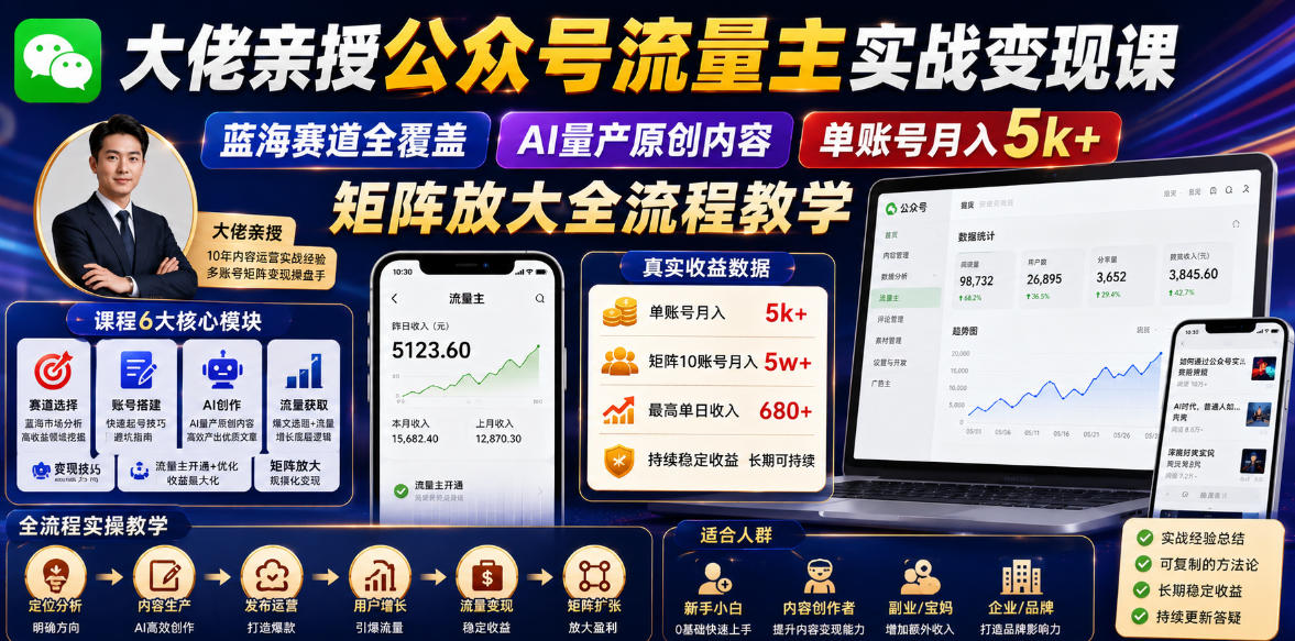 大佬亲授公众号流量主实战变现课，蓝海赛道全覆盖，AI量产原创内容，单账号月入5k+矩阵放大全流程教学采购|汽车产业|汽车配件|机加工企业家交流社群中心