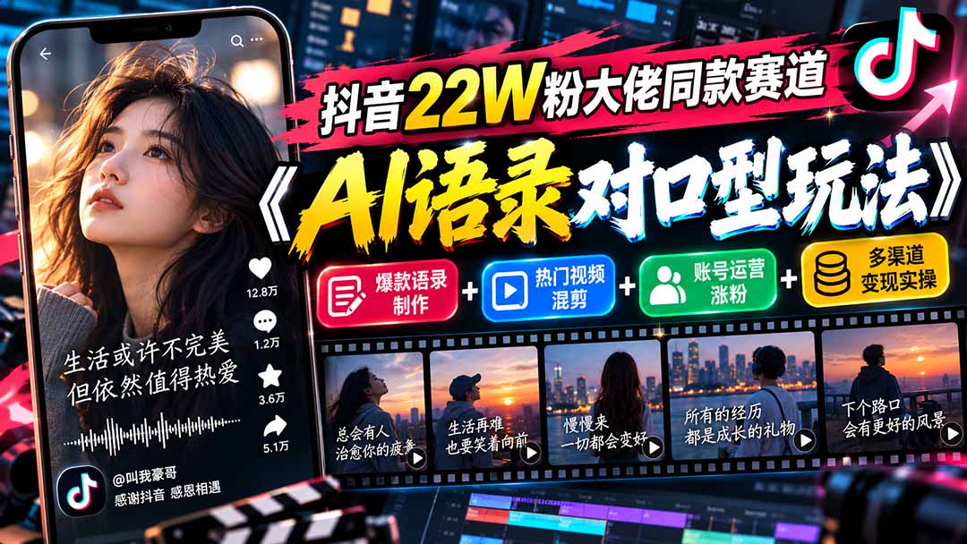 抖音22W粉大佬同款赛道《AI语录对口型玩法》:爆款语录制作+热门视频混剪+账号运营涨粉+多渠道变现实操采购|汽车产业|汽车配件|机加工企业家交流社群中心