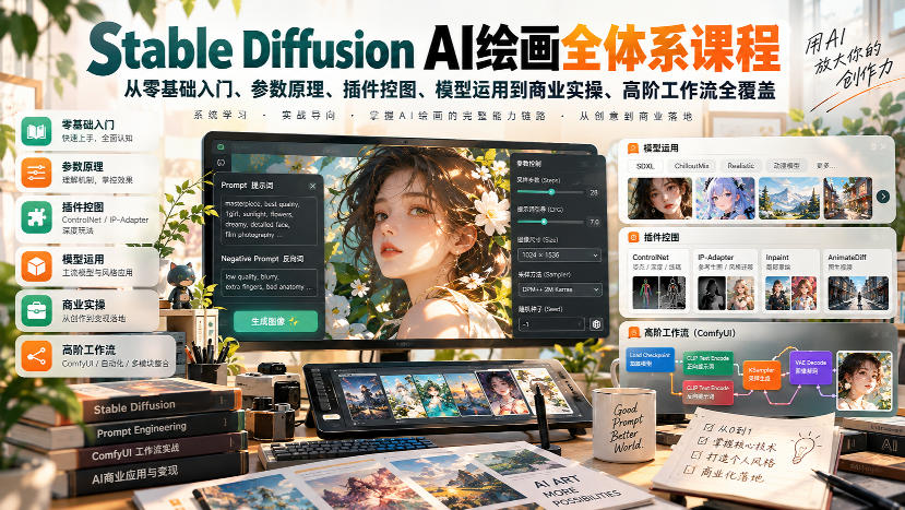 【无水印】Stable Diffusion AI绘画全体系课程,从零基础入门、参数原理、插件控图、模型运用到商业实操、高阶工作流全覆盖采购|汽车产业|汽车配件|机加工企业家交流社群中心