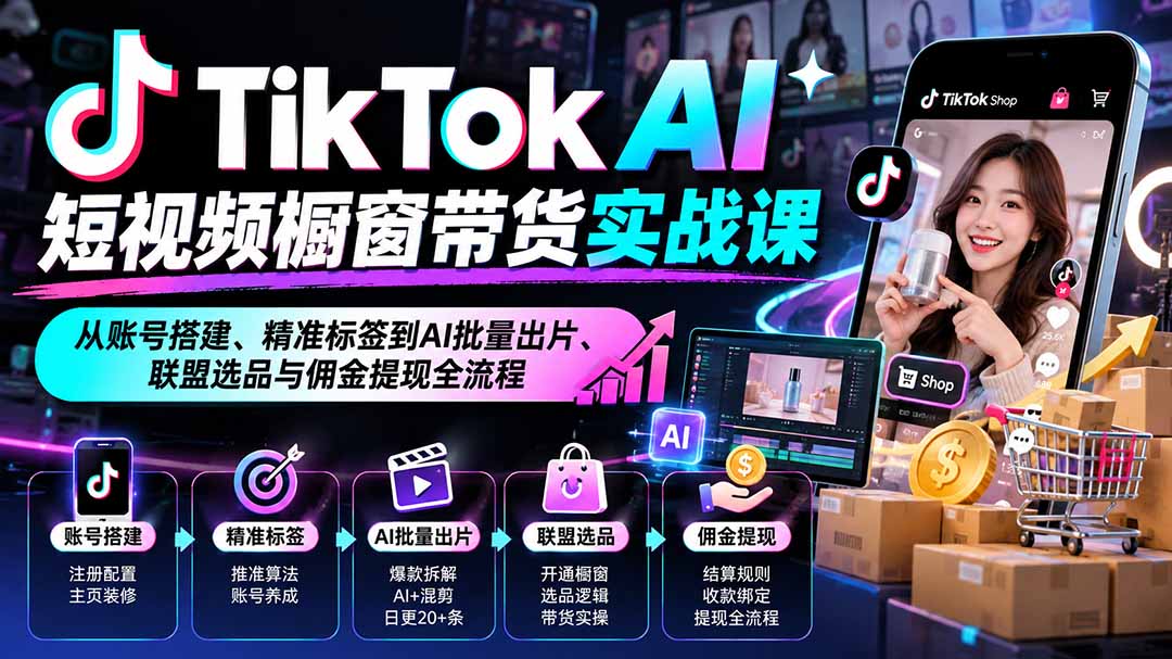 TikTok AI短视频橱窗带货实战课:从账号搭建、精准标签到AI批量出片、联盟选品与佣金提现全流程采购|汽车产业|汽车配件|机加工企业家交流社群中心