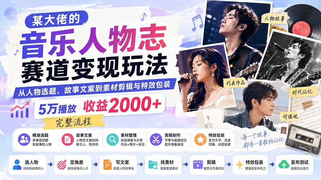 某大佬的音乐人物志赛道变现玩法：从人物选题、故事文案到素材剪辑与特效包装，5万播放收益2000+完整流程采购|汽车产业|汽车配件|机加工企业家交流社群中心
