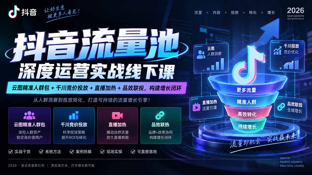 抖音流量池深度运营实战线下课｜云图精准人群包+千川竞价投放+直播加热+品效联投，构建增长闭环采购|汽车产业|汽车配件|机加工企业家交流社群中心