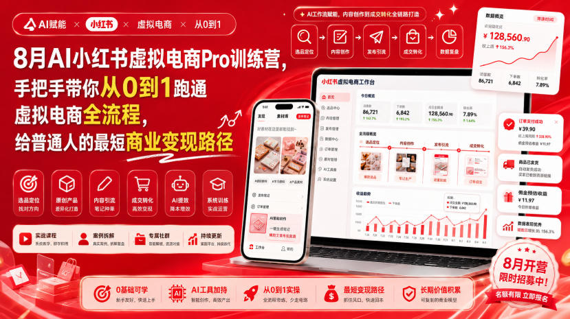 8月AI小红书虚拟电商Pro训练营，手把手带你从0到1跑通虚拟电商全流程，给普通人的最短商业变现路径(更新0827)采购|汽车产业|汽车配件|机加工企业家交流社群中心