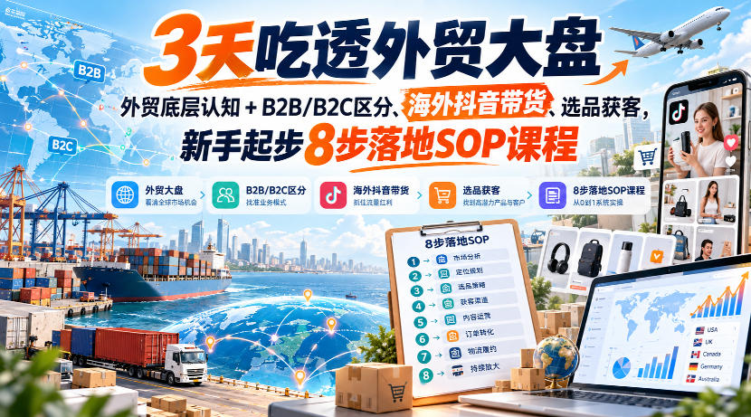 3天吃透外贸大盘，外贸底层认知+B2B/B2C区分、海外抖音带货、选品获客，新手起步8步落地SOP课程采购|汽车产业|汽车配件|机加工企业家交流社群中心