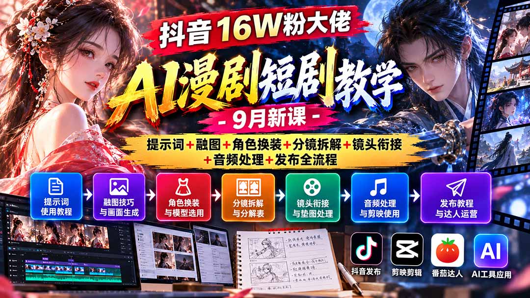 抖音16W粉大佬AI漫剧短剧教学-9月新课：提示词+融图+角色换装+分镜拆解+镜头衔接+音频处理+发布全流程采购|汽车产业|汽车配件|机加工企业家交流社群中心