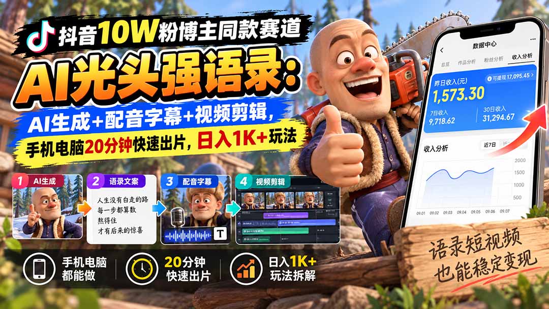 【无水印】抖音10W粉博主同款赛道AI光头强语录：AI生成+配音字幕+视频剪辑，手机电脑20分钟快速出片，日入1K+玩法采购|汽车产业|汽车配件|机加工企业家交流社群中心
