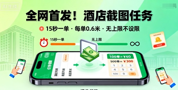 全网首发!酒店截图任务,15秒一单,每单0.6米,任务无上限不设限,矩阵操作单日3张到手【揭秘】采购|汽车产业|汽车配件|机加工蚂蚁智酷企业交流社群中心