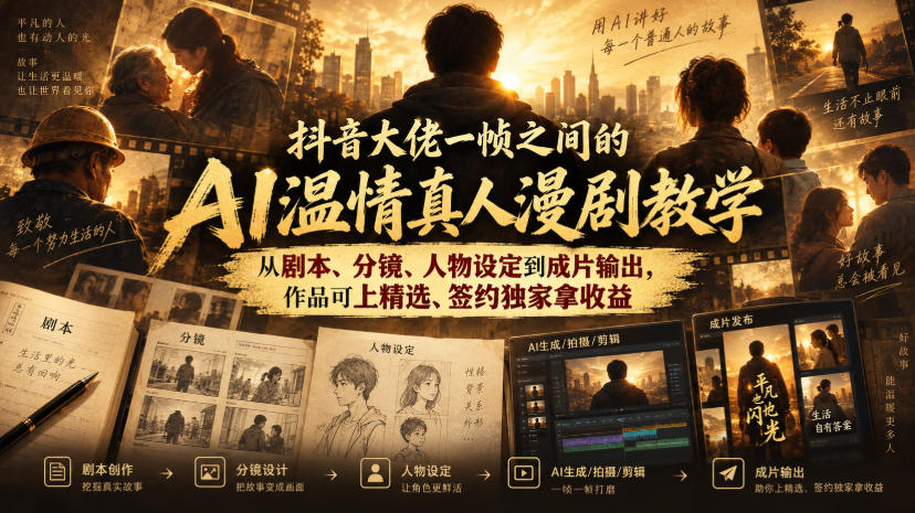 抖音大佬一帧之间的AI温情真人漫剧教学，从剧本、分镜、人物设定到成片输出，作品可上精选、签约独家拿收益采购|汽车产业|汽车配件|机加工企业家交流社群中心