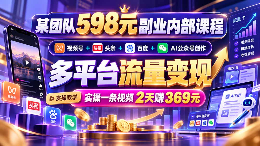 某团队598元副业内部课程:视频号+头条+百度+AI公众号创作、多平台流量变现,实操一条视频2天赚369元采购|汽车产业|汽车配件|机加工企业家交流社群中心