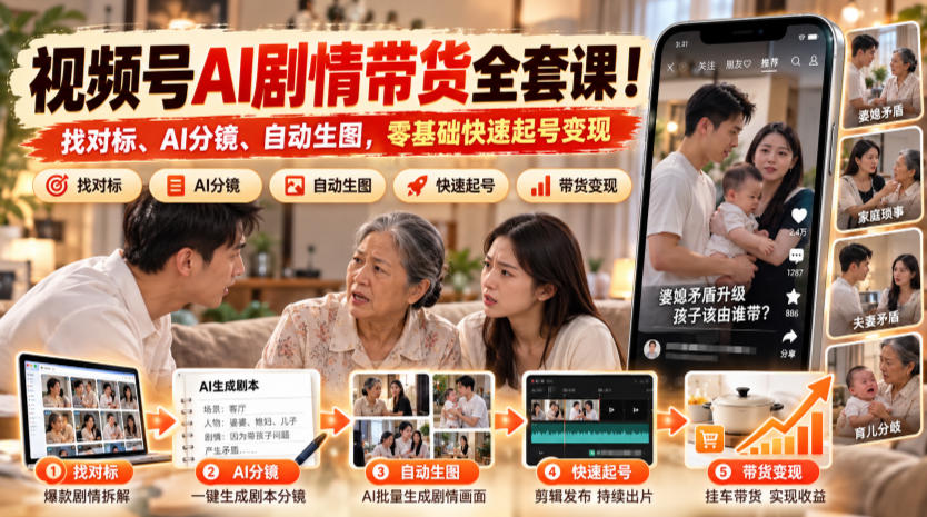 视频号AI剧情带货全套课！找对标、AI分镜、自动生图，零基础快速起号变现采购|汽车产业|汽车配件|机加工企业家交流社群中心