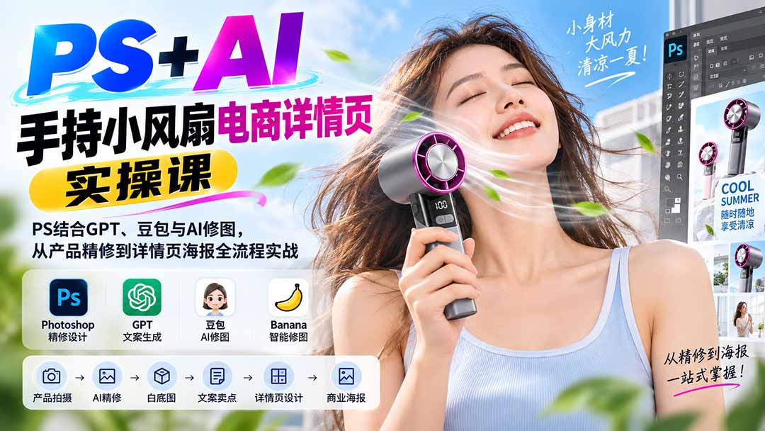 PS+AI手持小风扇电商详情页实操课：PS结合GPT、豆包与AI修图，从产品精修到详情页海报全流程实战采购|汽车产业|汽车配件|机加工企业家交流社群中心