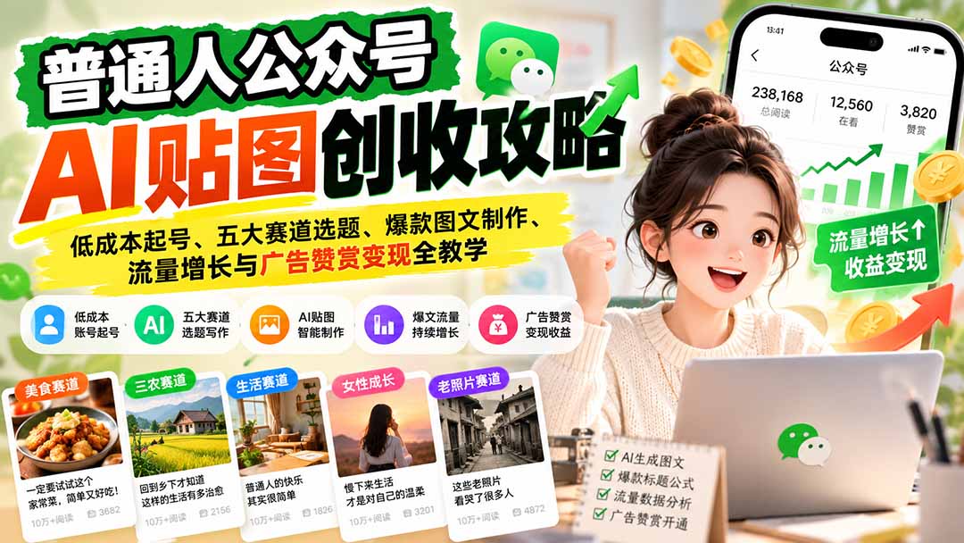 普通人公众号AI贴图创收攻略:低成本起号、五大赛道选题、爆款图文制作、流量增长与广告赞赏变现全教学采购|汽车产业|汽车配件|机加工企业家交流社群中心