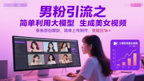 男粉引流之简单利用大模型生成美女视频，条条原创爆款，简单上传制作，变现日1k+采购|汽车产业|汽车配件|机加工蚂蚁智酷企业交流社群中心