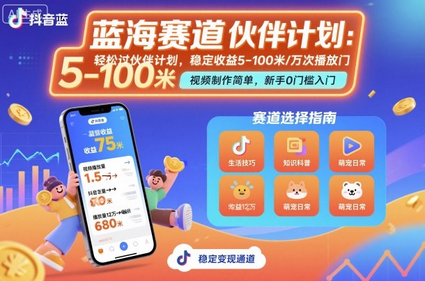 抖音蓝海赛道,轻松过伙伴计划,视频制作简单,万次播放收益在5-100米,稳定收益采购|汽车产业|汽车配件|机加工蚂蚁智酷企业交流社群中心