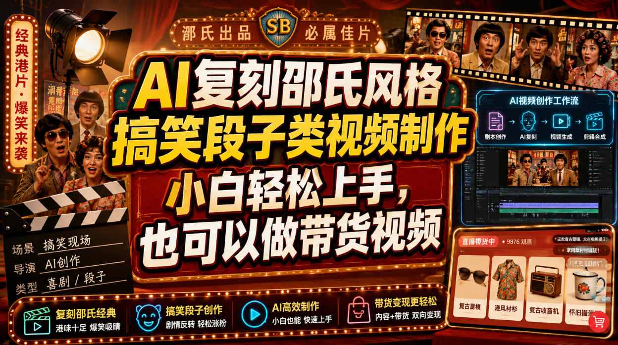 AI复刻邵氏风格搞笑段子类视频制作，小白轻松上手，也可以做带货视频采购|汽车产业|汽车配件|机加工企业家交流社群中心